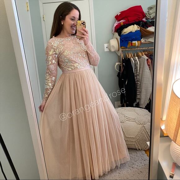 Needle & Thread Blush Pink Sequin Long Sleeve mesh Open Back Tulle Maxi Gown 6 - Picture 8 of 16